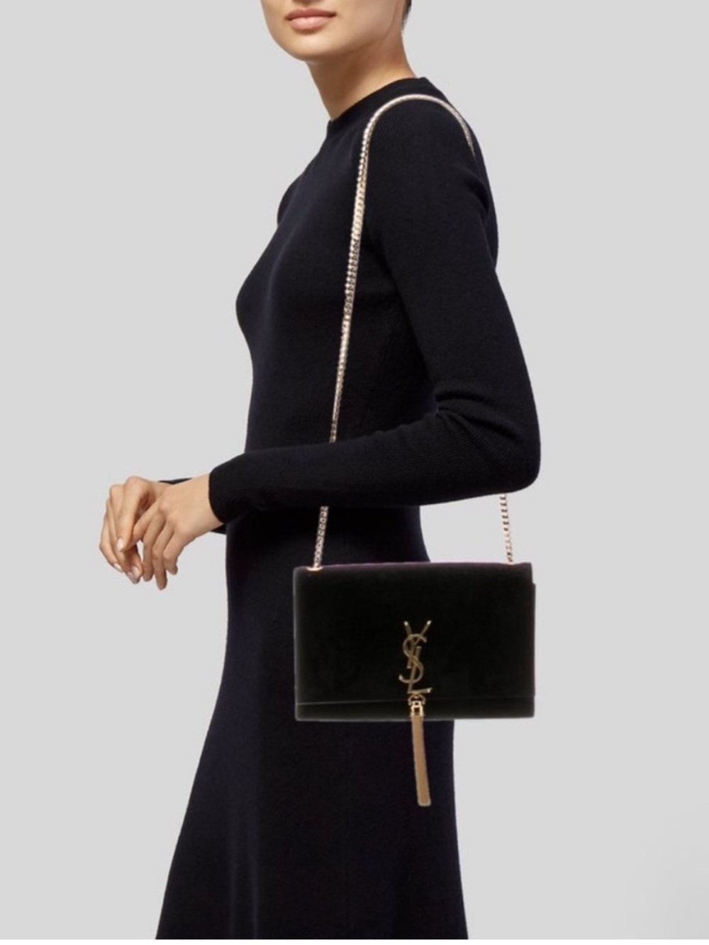 YSL Saint Laurent Kate Black Suede Gold Chain Tassel Shoulder Bag